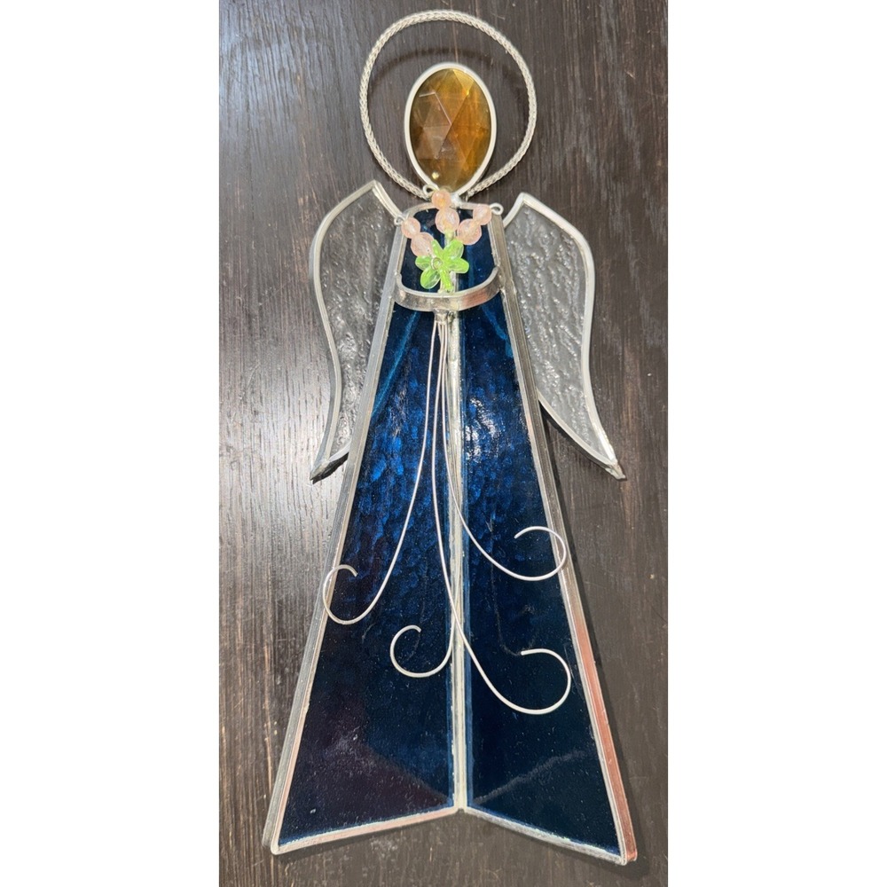 Vintage Blue Stained Glass Angel Figurine Glass  10.50" X 4" - Picture 2 of 7